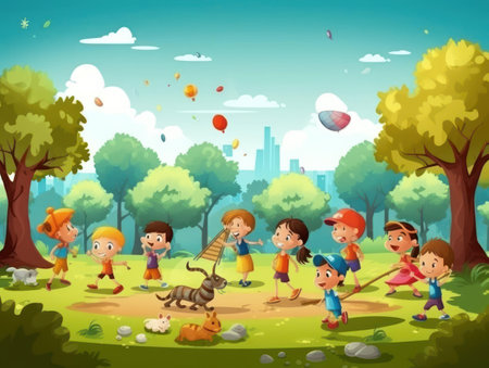 Children playing in a park on a sunny day created with Generative AIの素材
