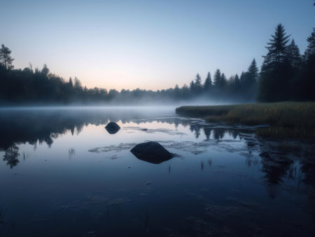 Calm and tranquil lake at dawn created with Generative AIの素材