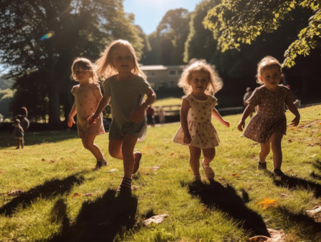 Children playing in a park on a sunny day created with Generative AIの素材