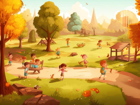 Children playing in a park on a sunny day created with Generative AIの素材