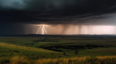 The awe-inspiring sight of a massive thunderstorm rolling across the landscape with lightning flashing and thunder rumbling created with Generative AIの素材
