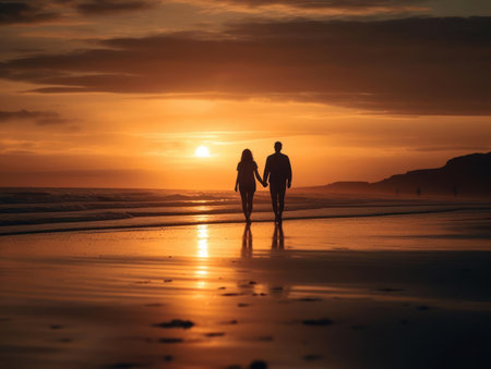 Romantic couple walking on the beach at sunset created with Generative AIの素材
