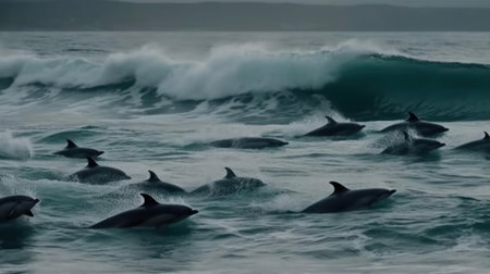 The beautiful sight of a pod of dolphins leaping and playing in the waves communicating in their unique language created with Generative AIの素材