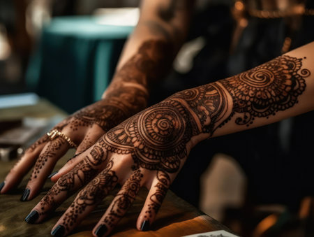 The intricate designs on a henna tattoo created with Generative AIの素材