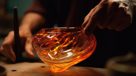The intricate and fascinating movements of a skilled glassblower manipulating molten glass into beautiful shapes and patterns created with Generative AIの素材