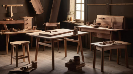 The simple and satisfying movements of a skilled woodworker crafting beautiful furniture and objects by hand created with Generative AIの素材
