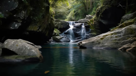 The tranquil and serene movements of a gentle waterfall cascading over rocks and down into a quiet pool below created with Generative AIの素材