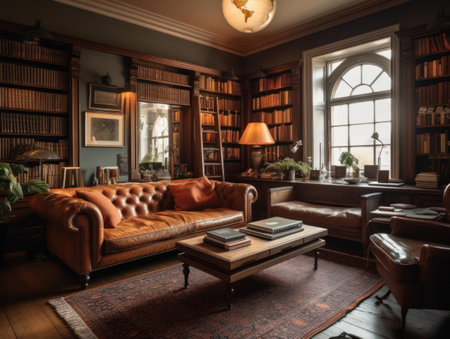 Warm and cozy atmosphere of a home library created with Generative AIの素材