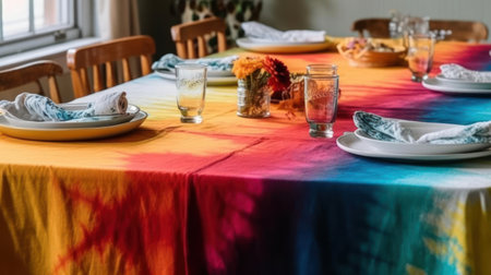 Transform your plain white tablecloth into a boho-inspired masterpiece using tie-dye techniques created with Generative AIの素材