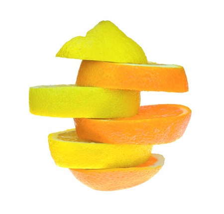 Lemon and orange slices alternately stackedの写真素材