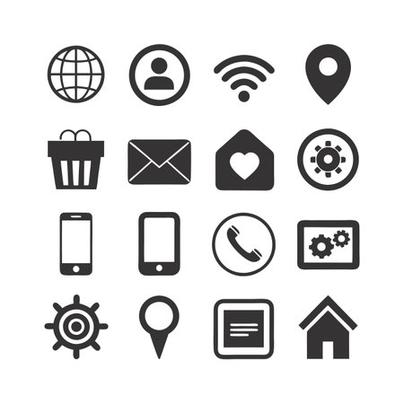 Black and white icons representing internet and mobile technologiesのイラスト素材
