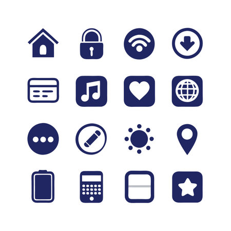 Collection of navy blue icons on white background for web