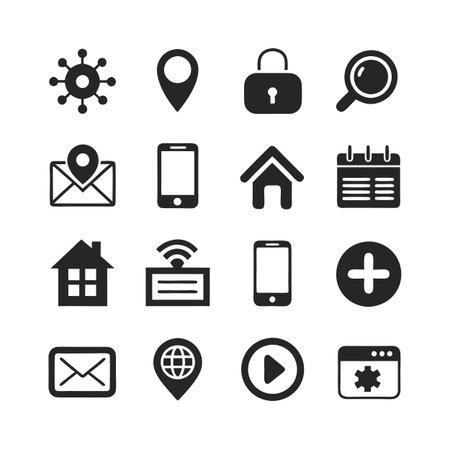 Monochrome vector collection of essential internet and technology iconsのイラスト素材