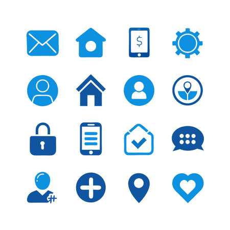 Collection of blue flat icons representing essential app featuresのイラスト素材