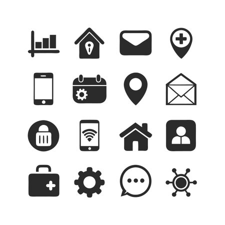 Monochrome Icon Set representing Communication, Technology and Business Concepts