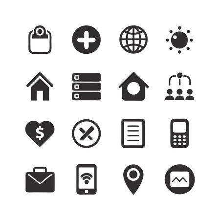 Collection of sixteen minimalistic icons representing various functionalities