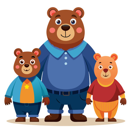 Cartoon illustration of a bear family in casual clothing