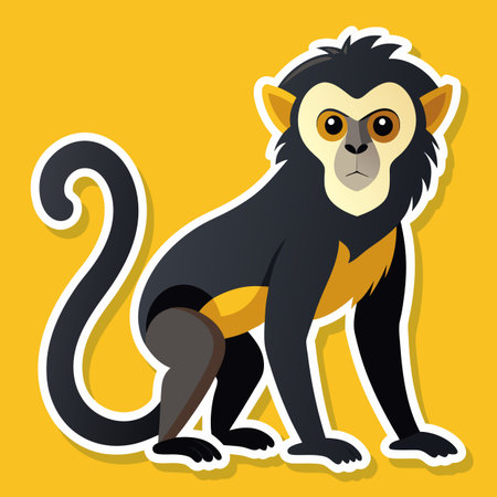 Cute monkey sticker illustration against a vibrant yellow backdrop