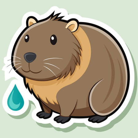 Cartoon beaver illustration with teal raindrop on pale background