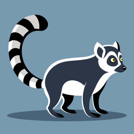 Cartoon lemur illustration with striped tail on gray background