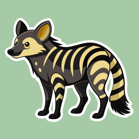 Cartoon striped hyena illustration standing against light green backgroundのイラスト素材
