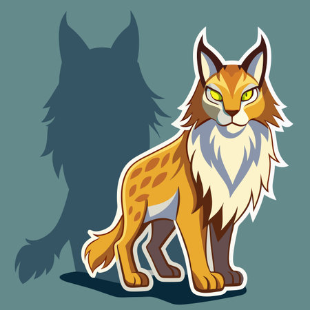 Stylized cartoon lynx illustration with shadow on green backdropのイラスト素材