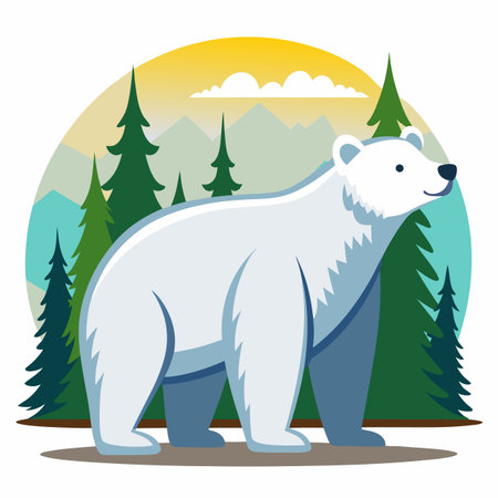 Polar Bear in Forest Landscape Flat Vector Illustrationのイラスト素材