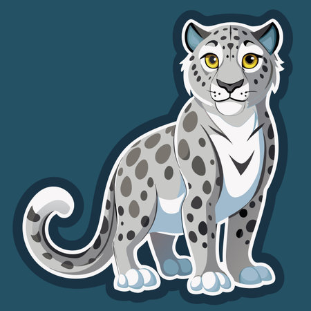 Cartoon snow leopard illustration on dark teal backgroundのイラスト素材