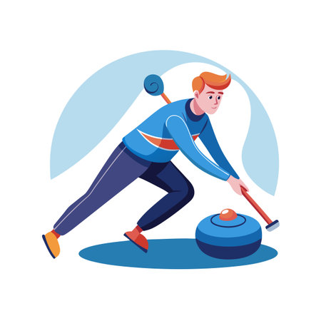 Curling athlete sliding and aiming a curling stone, cartoonのイラスト素材