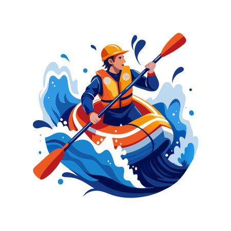 Man rafting on rapid river with paddle illustrationのイラスト素材