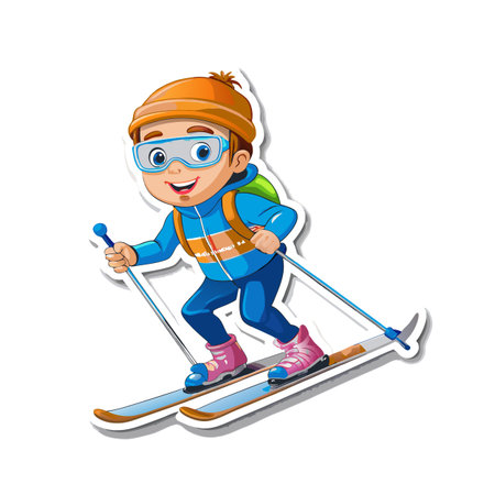 Cartoon boy skiing downhill happily in winter sports outfitのイラスト素材