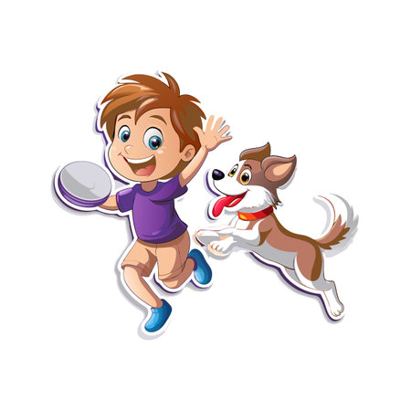 Boy and dog playing fetch in joyful cartoon styleのイラスト素材