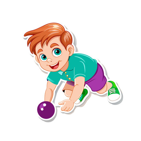 Cartoon boy playing with purple ball isolated on whiteのイラスト素材