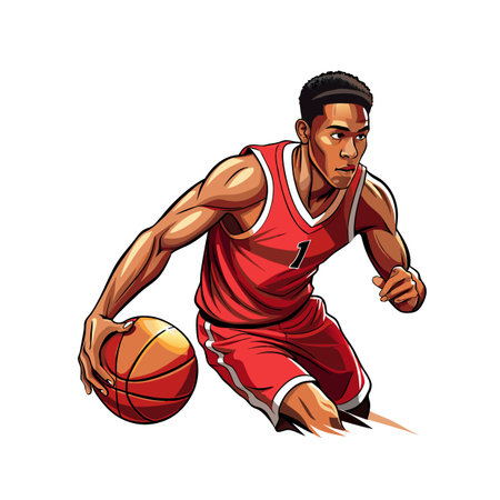 Dynamic basketball player dribbling ball on court illustrationのイラスト素材