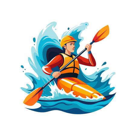 Woman kayaking in whitewater rapids with orange paddleのイラスト素材
