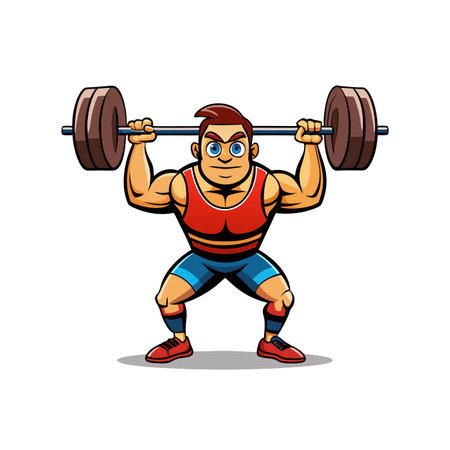 Cartoon weightlifter lifting barbell illustration on white backgroundのイラスト素材