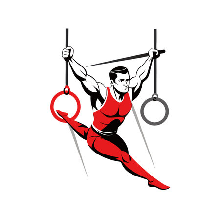 Strong gymnast performing rings routine mid air action poseのイラスト素材