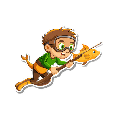 Cartoon scuba diver with fish spear and golden fishのイラスト素材