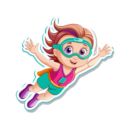 Cartoon Superhero Girl Flying with Arms Outstretched Sticker Styleのイラスト素材
