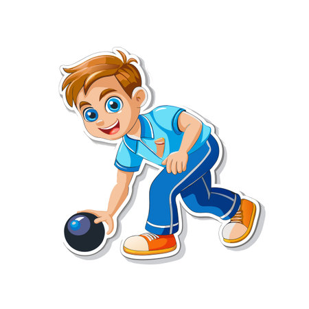 Cheerful cartoon boy throwing bowling ball with blue uniformのイラスト素材