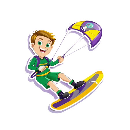 Boy kite surfing and smiling in cartoon style imageのイラスト素材