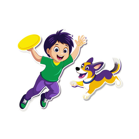 Cartoon boy playing Frisbee with his dog friendのイラスト素材