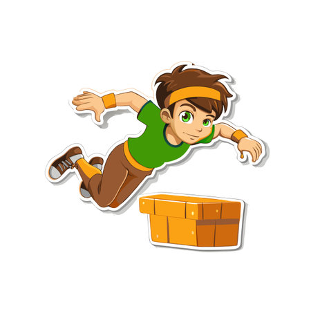 Cartoon boy jumping over box, doing gymnastics in cartoon styleのイラスト素材