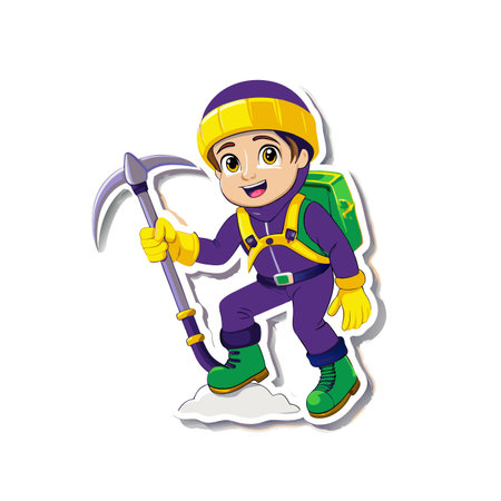 Cheerful cartoon mountain climber holding ice axe illustration vectorのイラスト素材