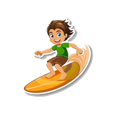 Cartoon boy surfing on a surfboard with a waveのイラスト素材