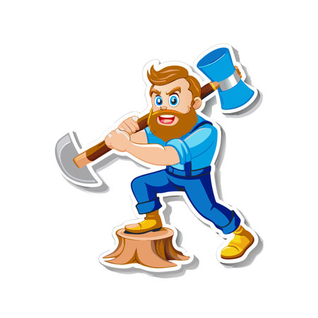 Cartoon lumberjack swinging axe on a tree stumpのイラスト素材