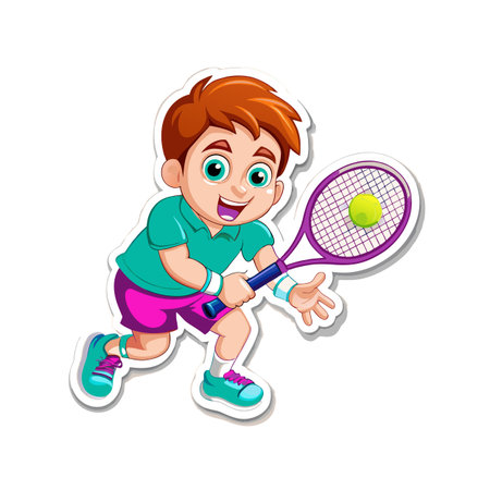Cartoon boy with tennis racket ready to hit ballのイラスト素材
