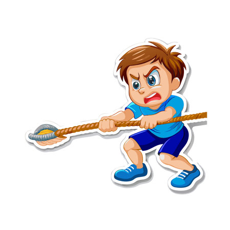 Determined Boy Pulling Rope in Tug of War Gameのイラスト素材