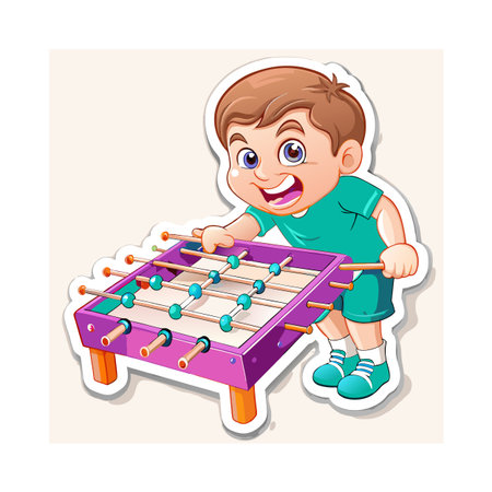 Cartoon boy playing foosball with bright colors and outlineのイラスト素材