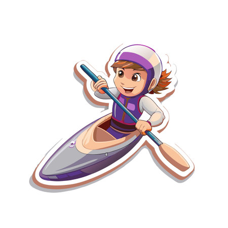 Animated girl kayaking with paddle vector illustration isolatedのイラスト素材